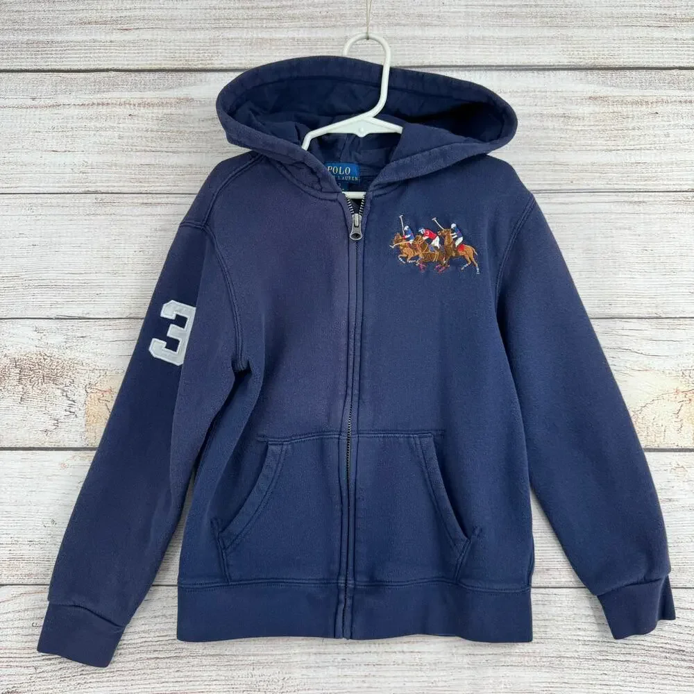 Polo Ralph Lauren Pony Embroidered Full Zip Hoodie Youth Boys 7 Navy Blue